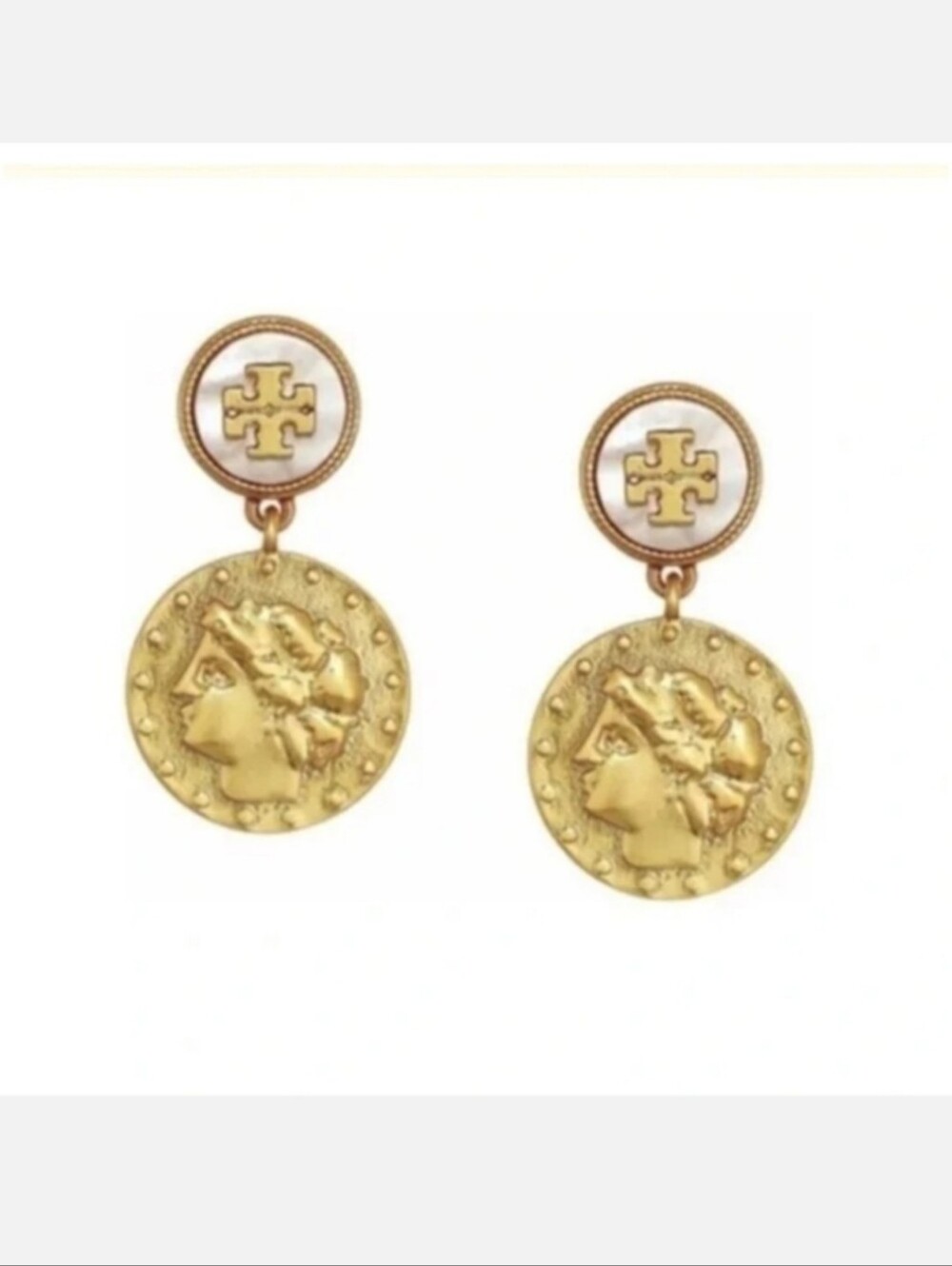 Tory Burch Gold and White Medallion Drop Earrings